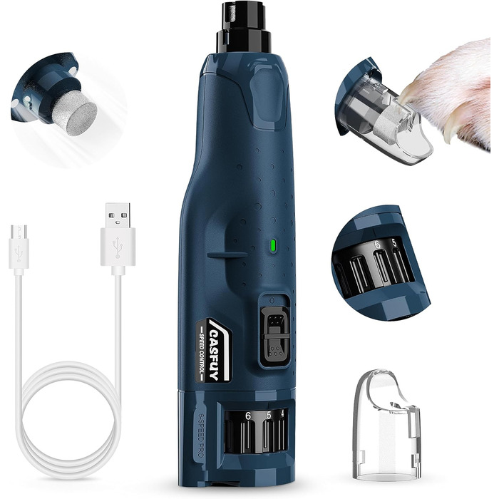 Електричний точилка для кігтів собак та котів Casfuy - 6 режимів, 45 dB, з LED-підсвічуванням, для великих, середніх та маленьких тварин, з захистом від пилу, блакитний