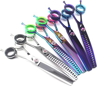 Професійна витончена ножиці для грумінгу собак 7 дюймів, 440C сталь, витончена клинка, для розрідження шерсті, 45% розрідження, кольоровий дизайн 'Райдужна рибка'