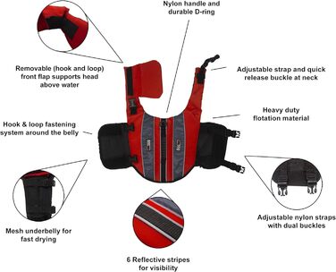 Рятувальний жилет для собак Dogline, для плавання та катання на човні, яскравий колір з світловідбиваючими смугами, сітчастий живіт для стікання води та сушіння, ручка для перенесення, обхват 66-86 см, червоний