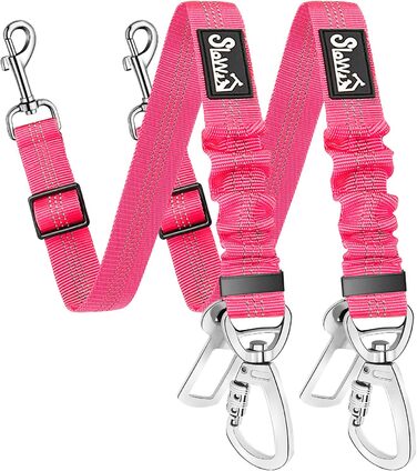 Ремінь безпеки для собак SlowTon, 2 шт. - Автомобільний поводок з регулюванням, еластичний амортизатор, міцний нейлон, світловідбиваючий ремінь безпеки для тварин (флуоресцентний рожевий)