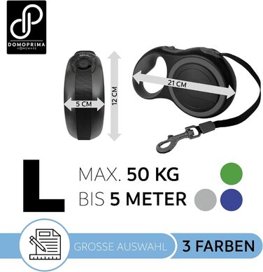 Рулетка для собак DOMOPRIMA, 3 розміри (S, M, L), 4 кольори (сірий, блакитний, зелений, рожевий) - Міцна та безпечна рулетка з відбиваючим ремінцем. Зелена, L