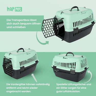 Транспортний бокс для тварин Happet ABBA M сірий 56x37x37 см – міцний, добре провітрюваний бокс з пластику для котів та маленьких собак, переноска для подорожей, переноска для котів (S (50x33x33cm), ABBA світло-зелений)