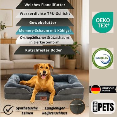 Ортопедичне ліжко для собак середніх та великих порід CORTESPETS® - диван для собак, знімний та пральний чохол, високі бортики, м'яке ліжко з Memory Foam, вологостійке, сірого кольору, 90 x 64 x 17 см