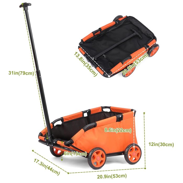 Міні-візок для домашніх тварин, складаний універсальний візок для покупок з висувним ручками, Doggie Wagon з вбудованим подушкою та страхувальним тросом, з кишенькою (Темно-зелений) (Оранжевий)