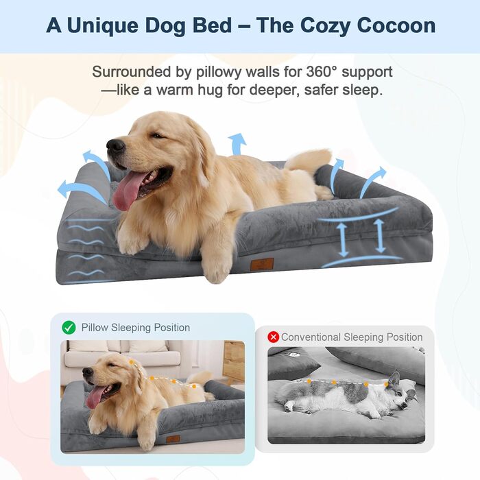 Велике ортопедичне ліжко для собак, темно-сіре, знімний валик для шиї, XL, 135x107x21 см