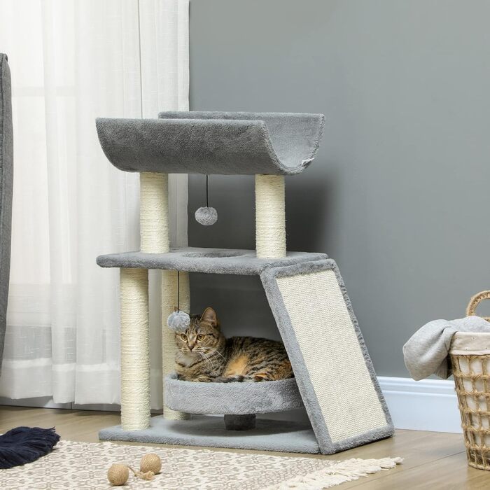 Котячий комплекс PawHut Cosy Chic, багатофункціональний, дерев'яний когтеточка, ігровий центр з лежаком, платформами, іграшкою, сірий, 60x30x76 см