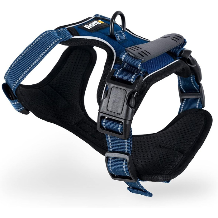 Нашийник для собак Lionto, м'який, нейлон, розмір M, анти-тяга, з 2 кільцями, 4 регульованими ремінцями, 2 застібки, гумовий ручка, блакитний