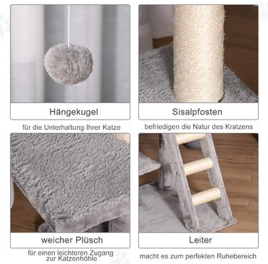 Кігтеточка PawHut 120 см для котів з будиночком, іграшкою, сизалевими стовпцями, платформою та сходами, багатоярусна, сірого кольору