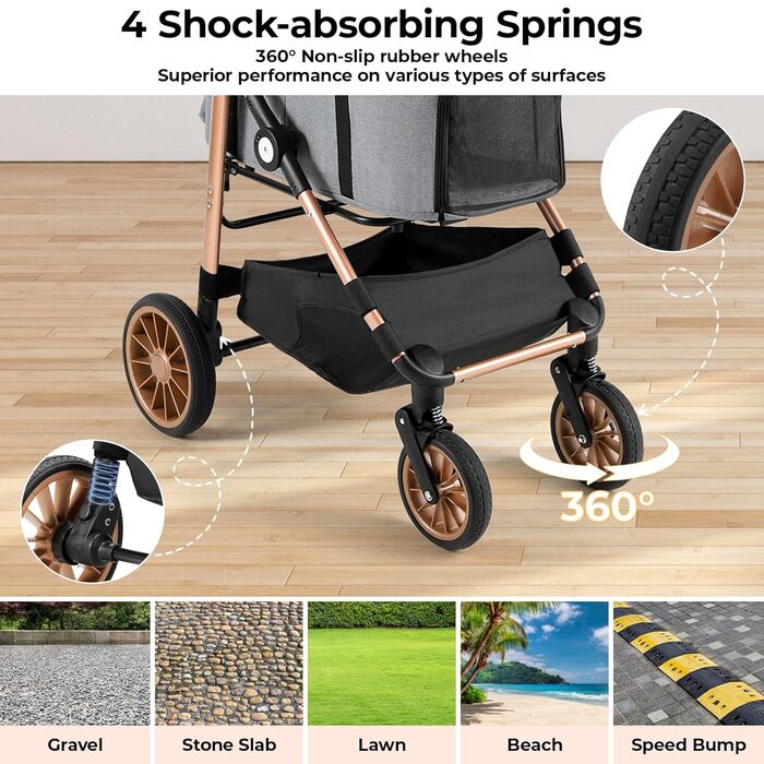 Візок для собак MAMIZO 4-в-1, до 25 кг, з амортизаторами, складний, для котів та собак (сірий)