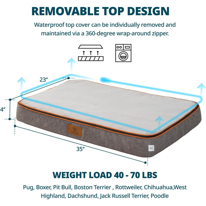 Ортопедичне ліжко для собак з Memory Foam, 15.2 см товщиною, для великих собак, вологостійке, знімний, пране, з блискавкою, максимальний комфорт та легкість догляду, 135 x 27 x 15 см (XL, сірий)