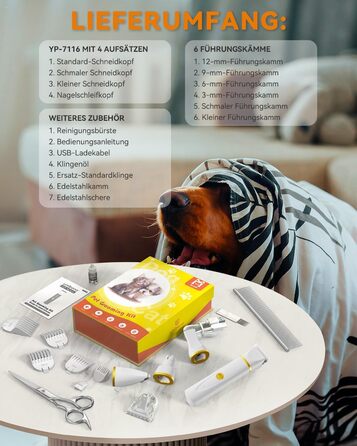 Триммер для собак і котів Unibono Leise - акумуляторний, 4 насадки для грумінгу, 7000 об/хв