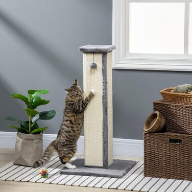 Дряпка для котів PawHut, 81 см, сизалевий стовпчик з іграшкою, для котів до 5 кг, сіро-кремовий, для дому