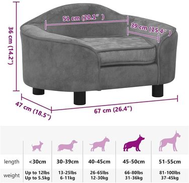Софа для собак VidaXL 67x47x36 см, плюшеве ліжко для котів та собак (сірий)