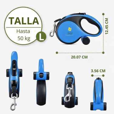 Висувна собача шлейка, 3 м, для собак маленьких, середніх та великих порід, ергономічна ручка, до 15 кг, колір блакитний, розмір L