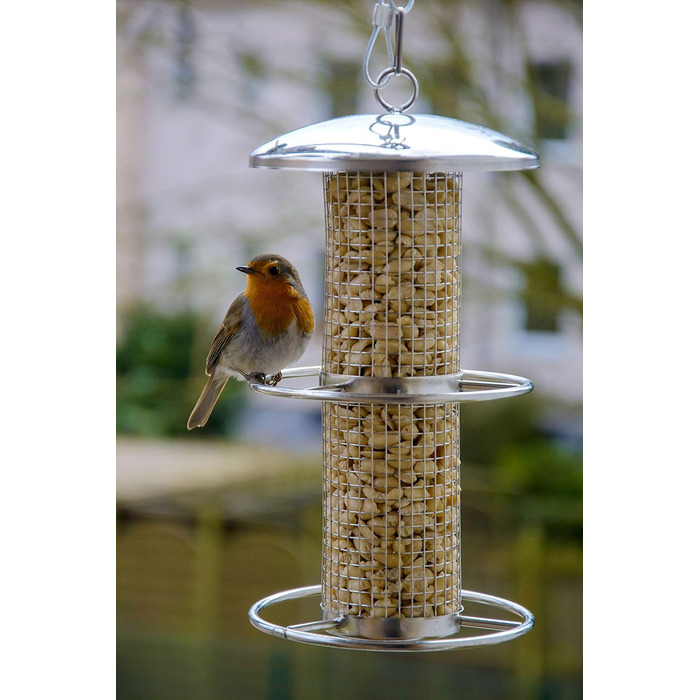 Годівниця для птахів Dobar® 10041 з нержавіючої сталі - годівниця для диких птахів, годівниця для горіхів з сіткою - сталева годівниця для саду/тераси/балкону, Ø 14 см x 26 см, срібна, 1 шт.