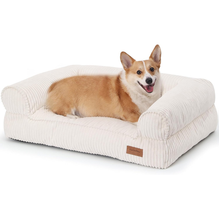 Крісло-ліжко для собак великих порід FUKUMARU, м'яке та зручне, з водонепроникним покриттям, з тканини корд, можна прати, не слизьке, знімний чохол на блискавці, 93 x 63 x 22 см, кремовий колір