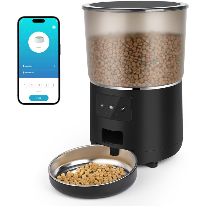 Автоматичний кормушка для котів з Wi-Fi, 4L, з нержавіючою чашею, програмування до 10 прийомів їжі на день, керування через додаток