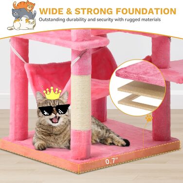 Кігтеточка YITAHOME для котів, велика, 190 см, з 8 стовпів з сизалю, 3 платформи, 2 печери, кошик, гамак, м'ячики, дошка для шліфування кігтів, рожева