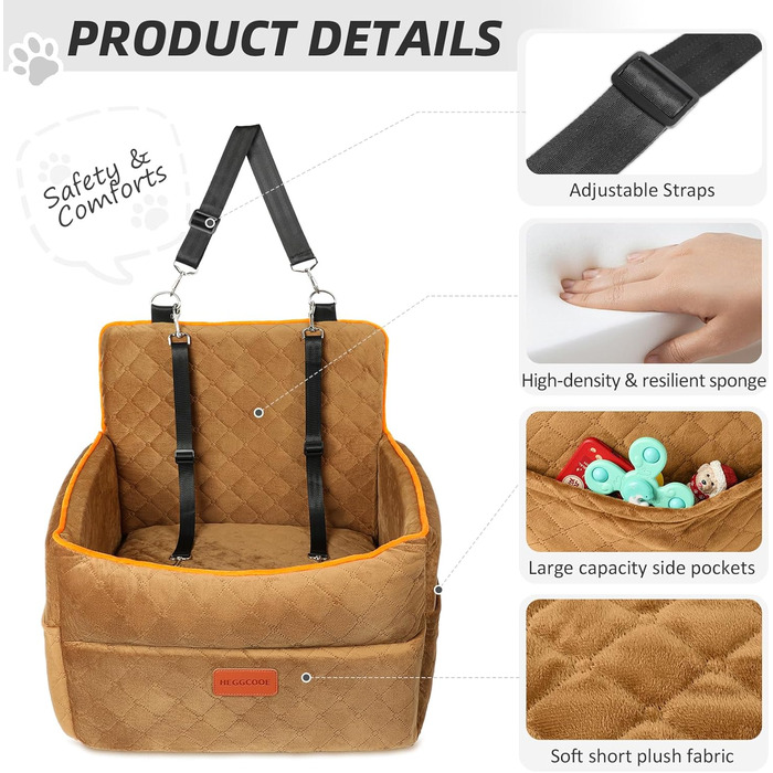 Автокрісло для собак маленьких та середніх порід, з кишенями для зберігання, поводок, з товстим наповнювачем. Колір: коричневий