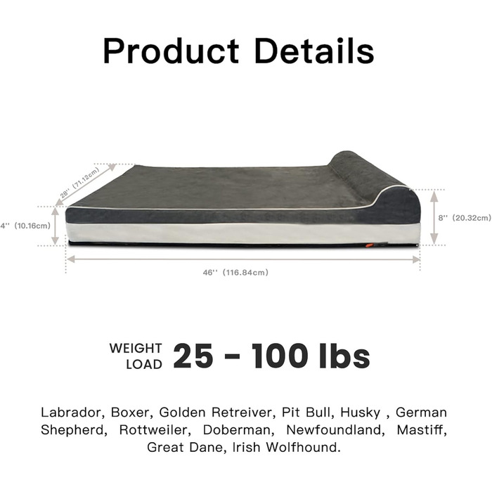Ортопедичне ліжко для собак Laifug з ефектом пам'яті, велике, водонепроникне, сіре (116 x 69 x 19 см)