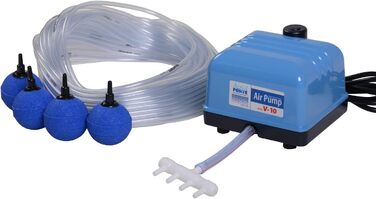 Повітряний насос AquaForte Hi-Flow V-10 для ставка, комплект з розподільником, 25 м шлангом 4x6 мм і 4 аераторами 5 см, продуктивність 4 л/хв на 1,2 м, для ставків до 6 м³