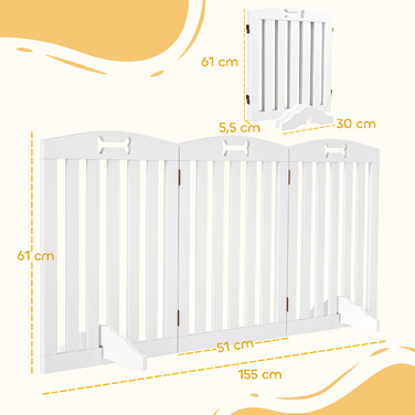 PawHut Barrier Dog 3 частини, 155 x 61 см складні ворота з 2 опорними ніжками, окремо стоячі ворота для собак, сходові ворота для середніх собак, для передпокою, сходи, білий | Аосом