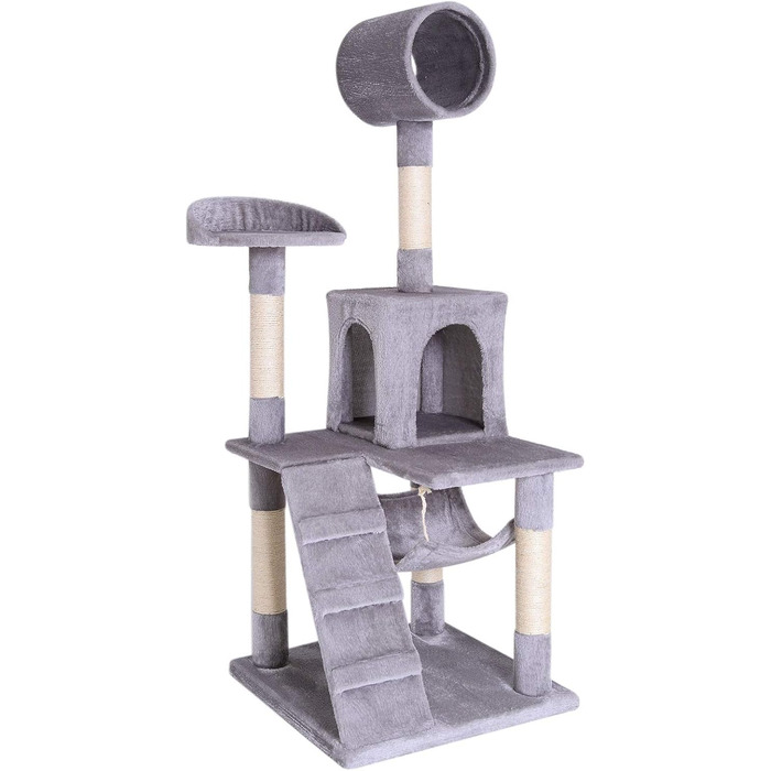 Дерево для котів Lionto з гамаком та тунелем, 133 см, з сизалевого мотузка та м'якого плюшу, з лежаками та печерами, підходить для котів будь-якого розміру, сірий