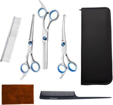 Набір професійних ножиць для собак 7 в 1 з нержавіючої сталі, з безпечними закругленими кінчиками. Включає ножиці для вирівнювання, вигнуті та прямі ножиці, гребінець для грумінгу. Підходить для собак, котів та інших тварин