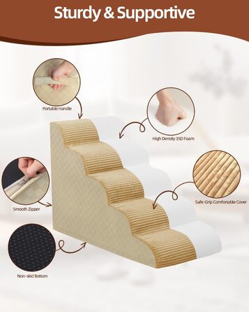 Сходинка для собак 4-ступенева, Khaki, 49.5 см, з високощільним пінополіуретаном, для диванів