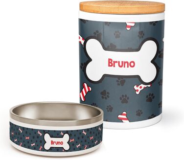 Набір для годування собак PICANOVA з іменем: миска та контейнер для ласощів у різдвяному дизайні. Керамічний набір для собак як подарунок для власників домашніх тварин. Дизайн Candy Bones.