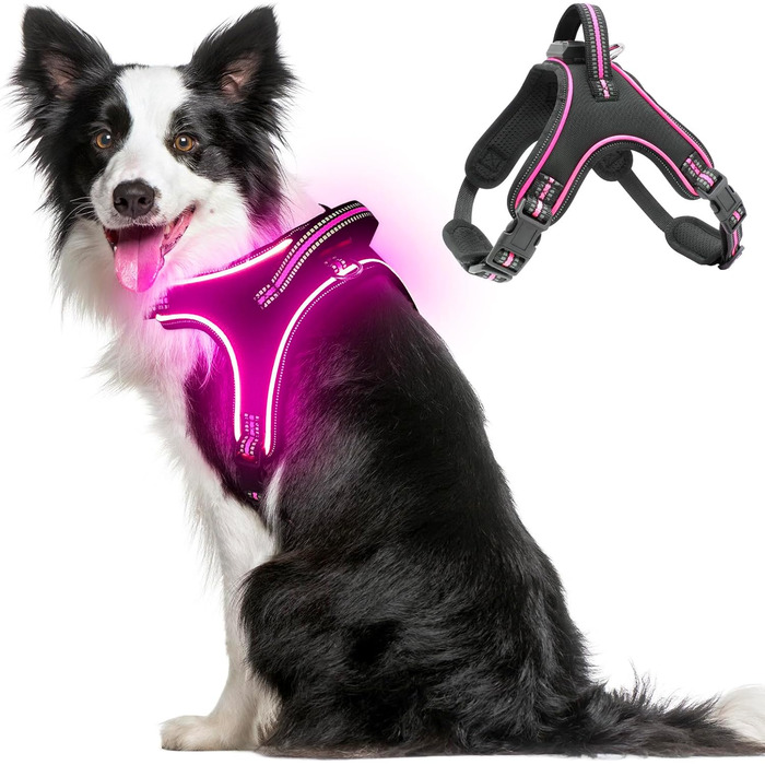 Світлодіодне шлейка для собак з підсвічуванням, зарядний пристрій, шлейка з ручкою, світловідбиваюча грудна шлейка для безпеки вночі, середніх, маленьких та великих собак (L, Рожевий)