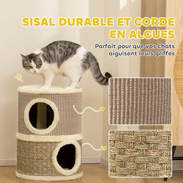 Котячий будиночок PawHut з когтеточкою, 79 см, 3 яруси, когтеточка з сизалевого мотузка, плюшеве гніздо, для великих котів, бежевий+коричневий