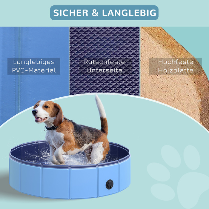 PawHut Dog Pool Надійний дитячий басейн для собак, басейн з ПВХ+дерева, блакитний, Ø80xH20 см, літні розваги| Аосом