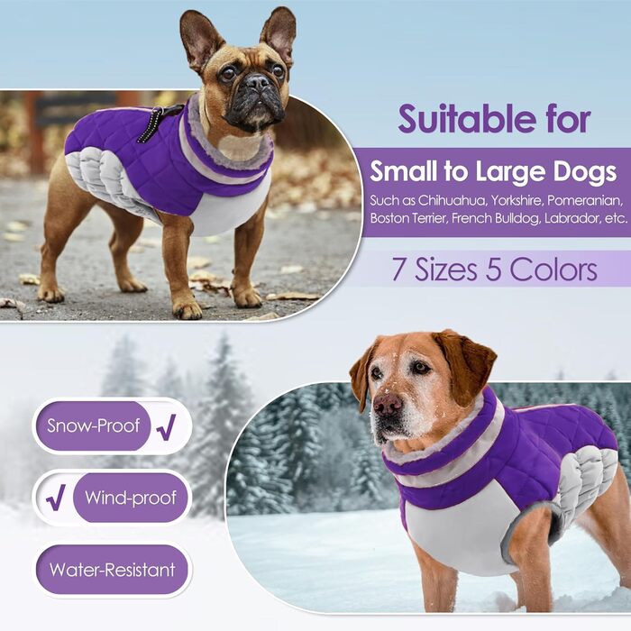 Тепла зимова куртка для собак AOFITEE з світловідбиваючим флісом, з нашийником та блискавкою, водонепроникний зимовий костюм для собак великих порід (XS, фіолетовий)