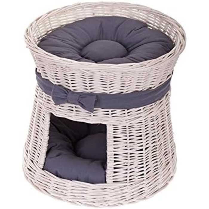 Кругла котяча хатинка e-wicker24 з плетеної лози, двоярусна, з подушкою та бантиком, котячий тур (кремово-сірий)
