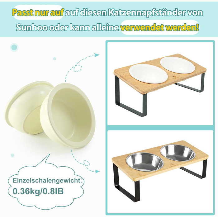 Набір мисок для котів GUUSII HOME (2 шт.) з кераміки, 360 мл, для корму та води, бежевий, 14 см, миски для котів, машиномийні