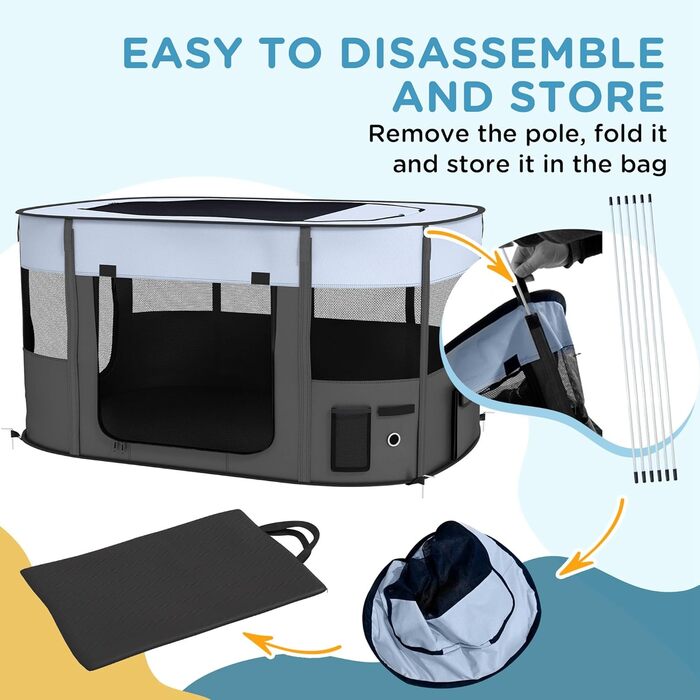 Клітка для собак PawHut, вольєр для тварин, переносний складаний вольєр для собак та котів з сумкою для зберігання, 114 x 89 x 59 см, сірий, XL