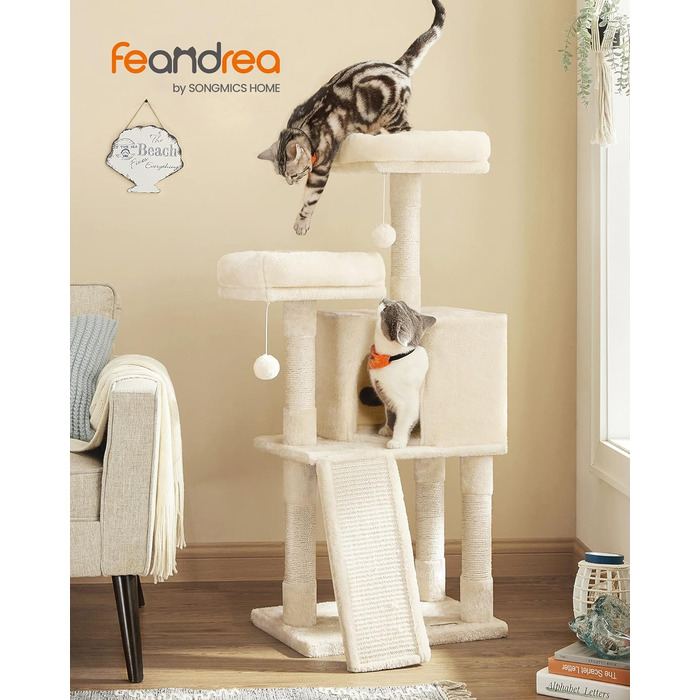 Дряпка для котів Feandrea, 115 см, кремово-білий колір, з дряпальною дошкою (50 x 35 x 115 см)