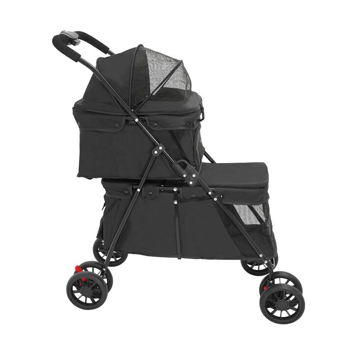 Складаний візок для собак та котів, 2-поверховий, з сумкою та ременями безпеки (Чорний)