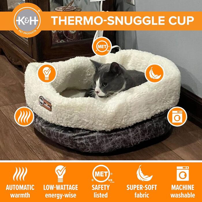 Обігріте термоліжко для котів K&H PET PRODUCTS, кругле велике сіре ліжко для котів та маленьких собак, для дому, 35,6x45,7 см