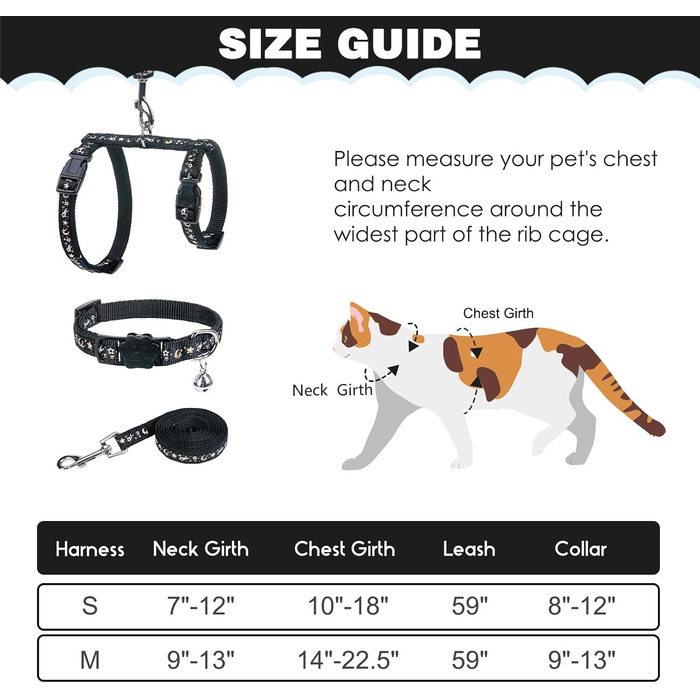 Шлейка для кота PAWCHIE з повідком та нашийником, вихідний замок, регульована, світиться в темряві, для кошенят, прогулянки на вулиці, чорний, середній