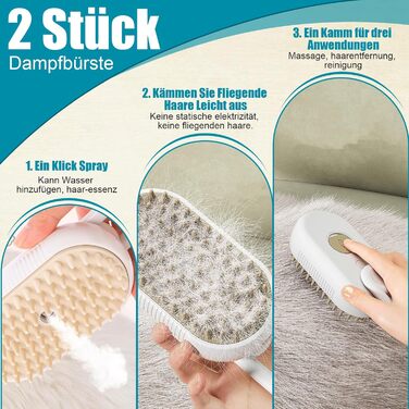 Парова щітка для котів та собак, 2 шт. з розпилювачем, для короткої та довгої шерсті, видалення шерсті, догляд (біла)