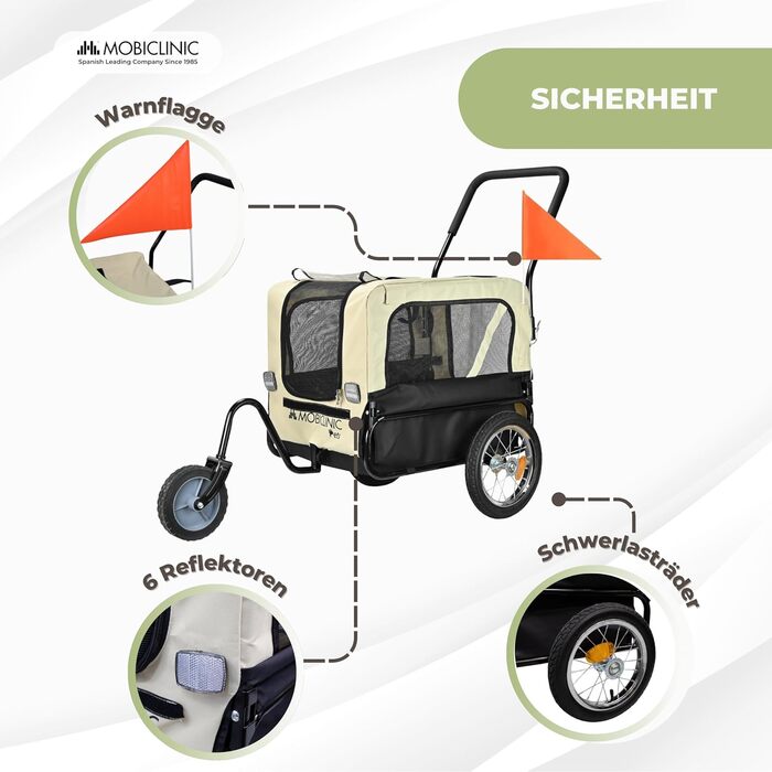 Mobiclinic® Причіп для собак на велосипед + візок для собак 2 в 1, до 40 кг, водовідштовхувальний тент, 123x67x100 см, відбивачі та прапорці, 600D Oxford, для маленьких та середніх собак