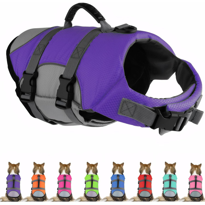Жилет для плавання собак, світловідбиваючий, регульований. Безпечний жилет для собак з ручкою для рятування, підходить для плавання та катання на човні. Ripstop жилет для собак малого, середнього та великого розміру (Фіолетовий, X-Small)