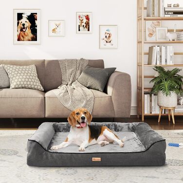YITAHOME Ергономічне ліжко-диван для собак 106x80 см, м'який фланель, щільні бокові борти, для середніх і великих собак, пране, не ковзає, сірий