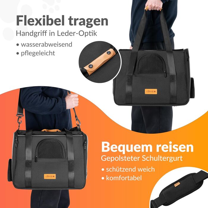 Транспортна переноска для котів CADOCA® до 20 кг, складна, з сонцезахисним дахом, ременем на плече, мискою, дихаюча, комфортна, з обертовим матрацом. Підходить для котів, собак, авто, чорного кольору.