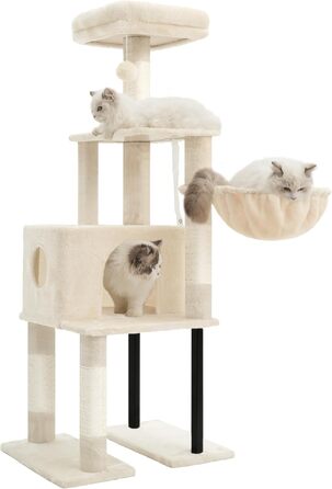 Комплекс для котів Heybly Kratzbaum 125 см: Дряпка-стовпчик з будиночком, полицями та іграшкою, бежевий
