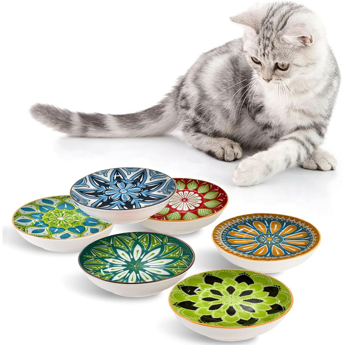Набір мисок для котів (6 шт), керамічні, 14 см, для води, сухого та вологого корму
