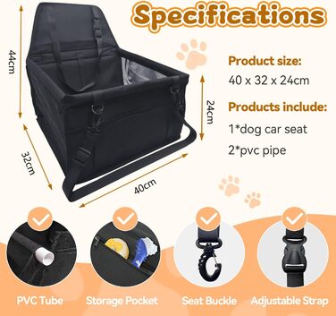 Автомобільний лежак для собак, чорний, 40x32x24 см, Oxford, дихаючий, знімний, для собак та котів