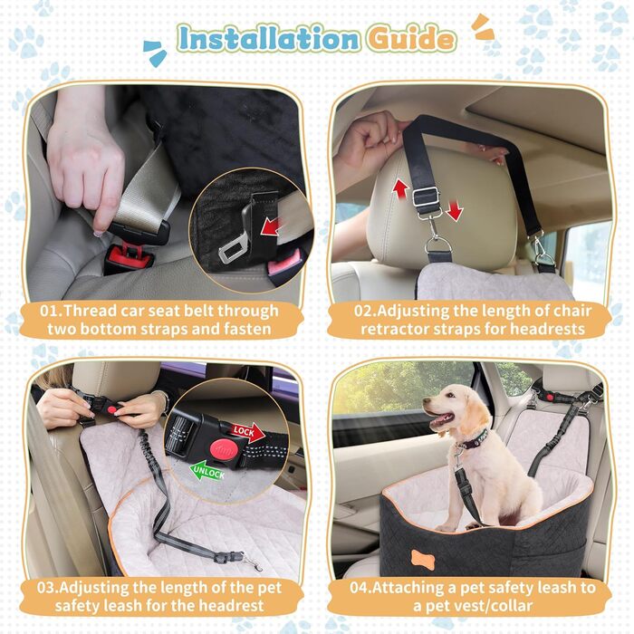 Автокрісло для собак COCASES - зручний кошик для собак малих та середніх порід, регульована висота, з безпечним ременем, знімний та миючий чохол